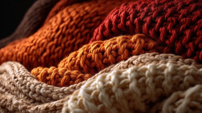 Cozy stacked knitted winter sweaters in warm autumn colors. Perfect for seasonal fashion and comfort concepts.