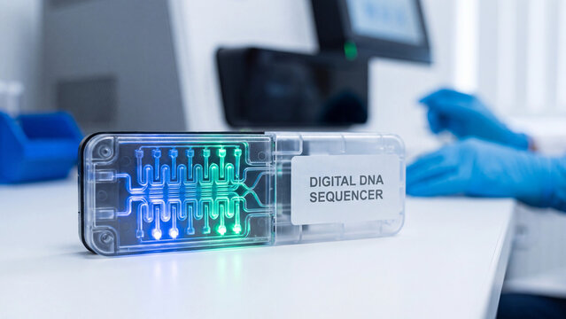 Digital DNA sequencer device with glowing blue and green microfluidic channels rests on a laboratory desk.