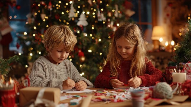 children making paper chains and decorating tree