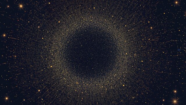 A cosmic scene with a dense black hole surrounded by shining stars and particles in space.