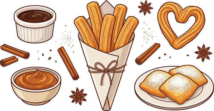 Churros spanish dessert set with cinnamon sticks star anise sugar beignets caramel sauce chocolate dip paper cone and heart shaped pastry vector illustration