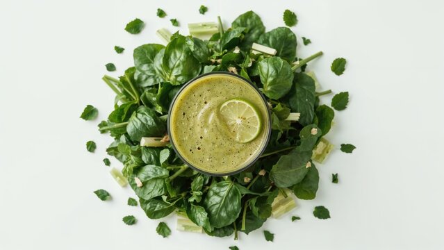 Fresh green spinach leaves arranged around a glass of green smoothie with a lime slice on top. Healthy food and beverage concept. Vegetables and nutrition. The concept of health and diet