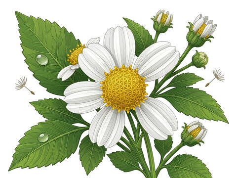 ​Detailed 3D botanical vector illustration of white Spanish needle flower Bidens pilosa with dew drops isolated