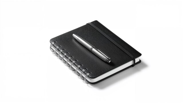 A pen resting on a black notebook with a spiral binding.