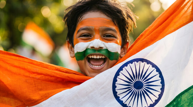 Indian boy celebrating with national flag. Child with painted face holding India flag.