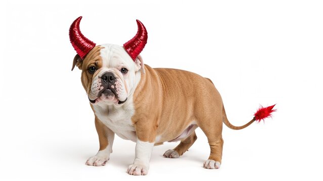 Bulldog wearing red devil horns and a tail with a red feather, in a playful costume.