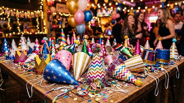 Assortment of vibrant party hats and confetti scattered across a wooden table, ready for a festive celebration