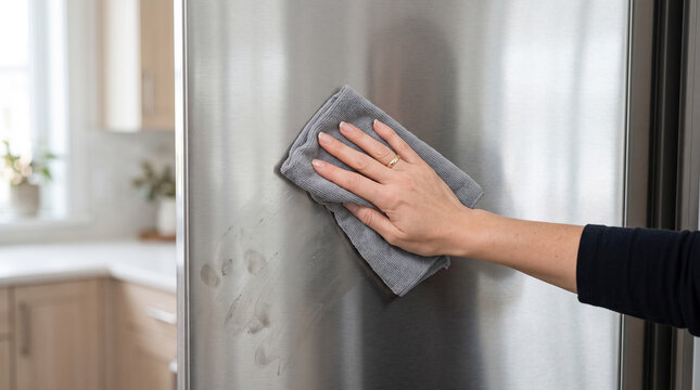 Woman hand cleaning stainless steel refrigerator surface in kitchen, wiping smudges with microfiber cloth, doing housework