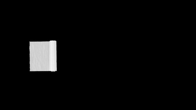 Animated white duct tape on a black screen background, crumpled tape texture reveal, stop motion collage element with alpha channel.