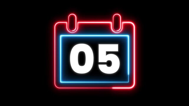 Glowing neon calendar symbol with date 05 for deadline and planning. Day 05 neon text animation. Calendar counter concept. Neon calendar icon animation for date reminder and schedule.