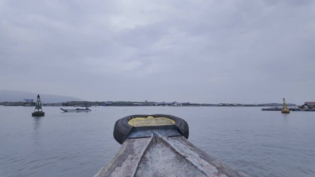 Aerial drone view of oyster farming rafts on the river in Long Son, near Ho Chi Minh City, Vietnam.