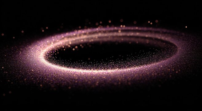 Abstract purple glowing particles forming a cosmic circle in dark space. Futuristic technology background.