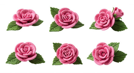 Obraz premium pink clay roses with leaves studio shot on white background for diy projects educational content or artistic expression