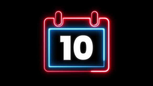 Glowing neon calendar symbol with date 10 for deadline and planning. Day 10 neon text animation. Calendar counter concept. Neon calendar icon animation for date reminder and schedule.