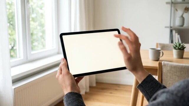 Person using a blank screen tablet for work at home in a bright room