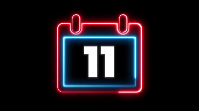 Glowing neon calendar symbol with date 11 for deadline and planning. Day 11 neon text animation. Calendar counter concept. Neon calendar icon animation for date reminder and schedule.