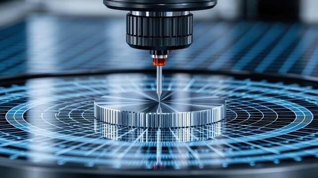 Precision measurement tool scanning a metallic component.
