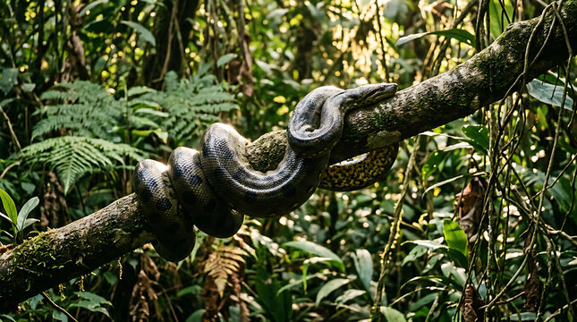 Massive Green Anaconda Constricting a Thick Tree Branch Amidst Lush Tropical Jungle Foliage