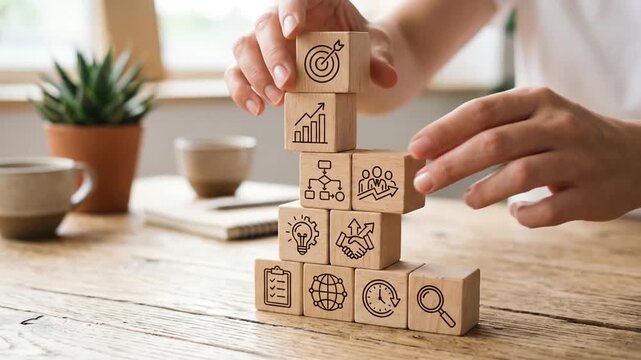 Hands stacking wooden blocks with business icons into a pyramid on a desk for corporate strategy planning.