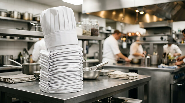 Stack of White Chef Hats Ready for Service in a Busy Restaurant Kitchen