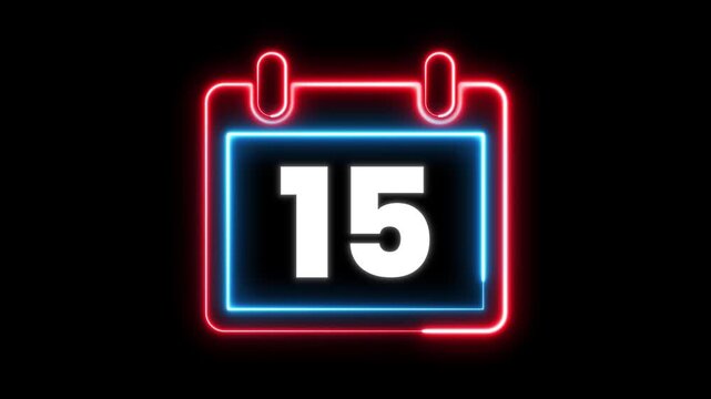 Glowing neon calendar symbol with date 15 for deadline and planning. Day 15 neon text animation. Calendar counter concept. Neon calendar icon animation for date reminder and schedule.