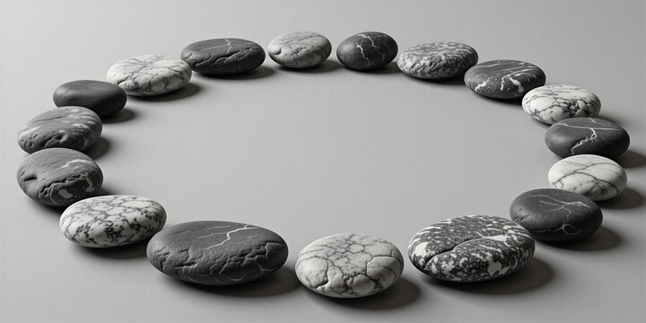 Smooth grey stones arranged in round circle on neutral light surface. Natural pebbles form ring symbol for zen meditation, spiritual peace. Minimalist composition creates balance, harmony for