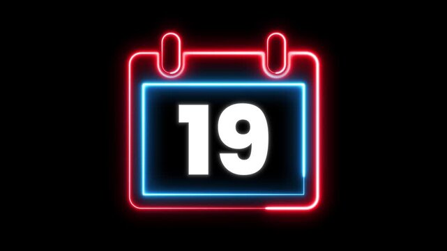 Glowing neon calendar symbol with date 19 for deadline and planning. Day 19 neon text animation. Calendar counter concept. Neon calendar icon animation for date reminder and schedule.
