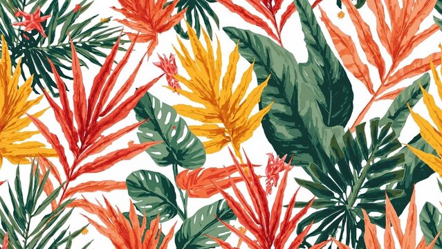 Vibrant tropical leaves pattern with various green, orange, red, and yellow foliage, creating a lush and colorful botanical design.