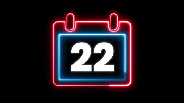 Glowing neon calendar symbol with date 22 for deadline and planning. Day 22 neon text animation. Calendar counter concept. Neon calendar icon animation for date reminder and schedule.