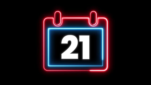Glowing neon calendar symbol with date 21 for deadline and planning. Day 21 neon text animation. Calendar counter concept. Neon calendar icon animation for date reminder and schedule.