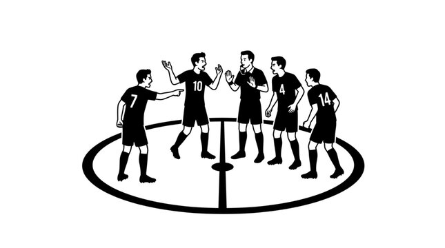 Soccer players arguing in a circle on field