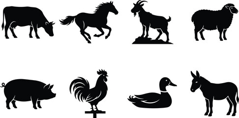 Fototapeta premium Farm Animal Silhouette Collection Set with Cow Horse Goat Sheep Pig Duck Rooster Donkey