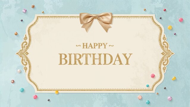 HAPPY BIRTHDAY with decorative border and colorful confetti on a pastel background.