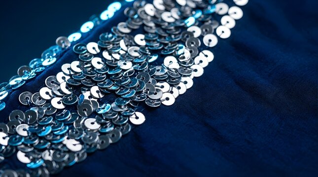 Shiny silver sequins on blue fabric for fashion background decoration
