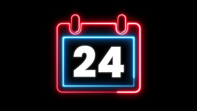 Glowing neon calendar symbol with date 24 for deadline and planning. Day 24 neon text animation. Calendar counter concept. Neon calendar icon animation for date reminder and schedule.