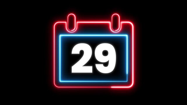 Glowing neon calendar symbol with date 29 for deadline and planning. Day 29 neon text animation. Calendar counter concept.