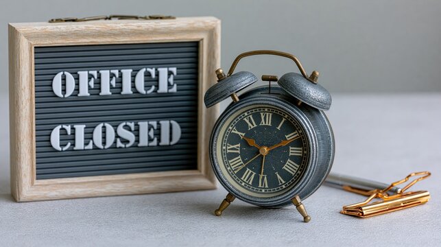 Message board announces office closure beside an antique alarm clock and stationery.