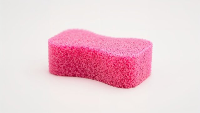 Pink kitchen sponge with porous surface. Cleaning tool and hygiene product. Soft and absorbent cleaning material. Household cleaning essential.