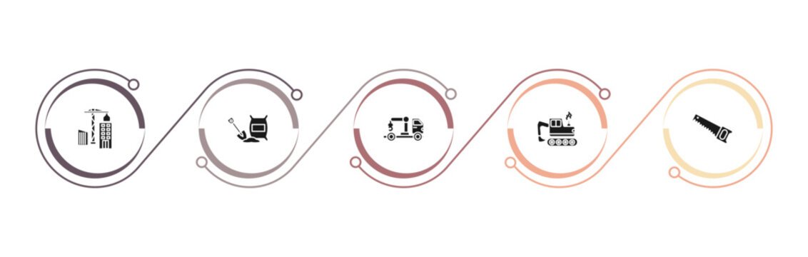 filled construction icons set - constructions, cement, truck with crane, backhoes. editable vector for web and mobile ui