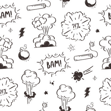 Comic Explosion and Bomb Doodle Seamless Pattern with Cartoon Smoke Clouds, Boom Effects and Hand Drawn Action Elements