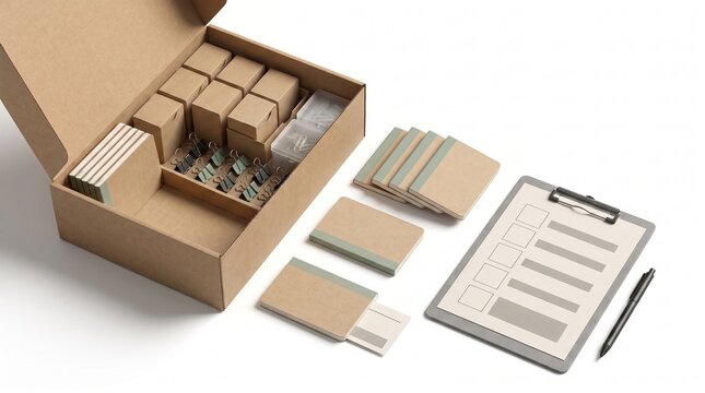 Office Supply Inventory Check with Procurement Box and Audit Clipboard