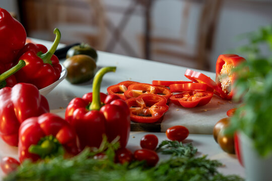 Red paprika on table in kitchen