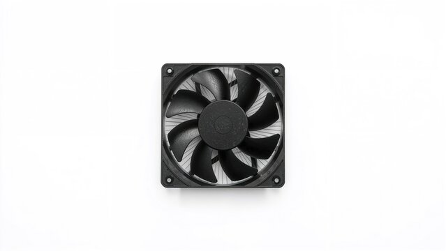 A computer cooling fan in a square frame, black color, designed for airflow and temperature regulation inside electronic devices.