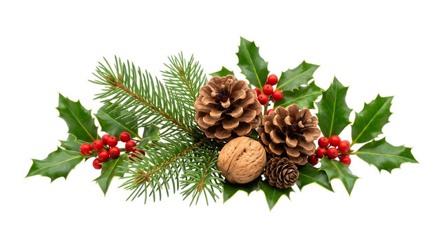 Festive christmas decoration arrangement with pine cones holly berries and evergreen branches isolated on a black background