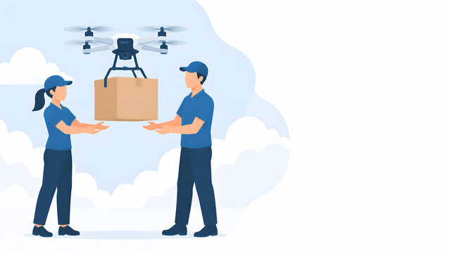 Two delivery workers receiving a package box from an automated flying drone vector illustration