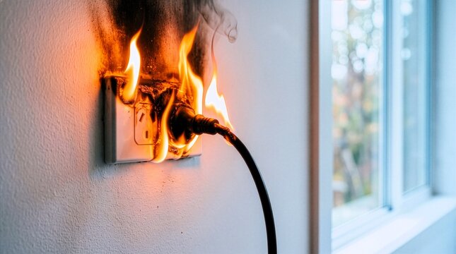 Electrical wall outlet catching fire with a burning power cord plug sparking against white wall