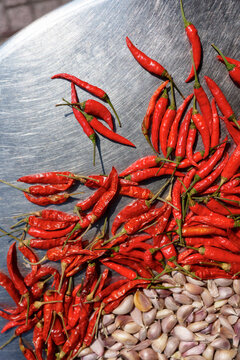 Red Chilies Are Laid out on a Metal Surface Next to a Pile of Garlic