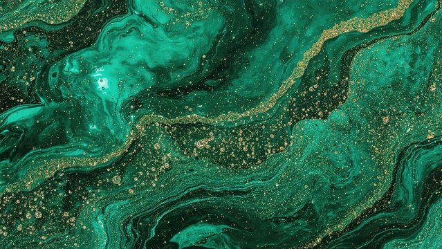 Abstract green marble pattern with gold speckles and flowing veins. Artistic design, natural texture, luxury background, and fluid art style.
