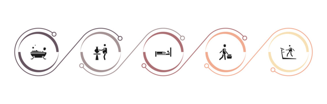 filled behavior icons set - man bathing, man doing pottery, laying in bed, man shopping. editable vector for web and mobile ui