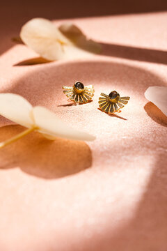Art Deco Gold Fan Stud Earrings with Flower Petals